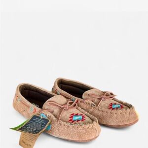 Womans Beige Moccasin Slip-Ons with Embroidered Accent